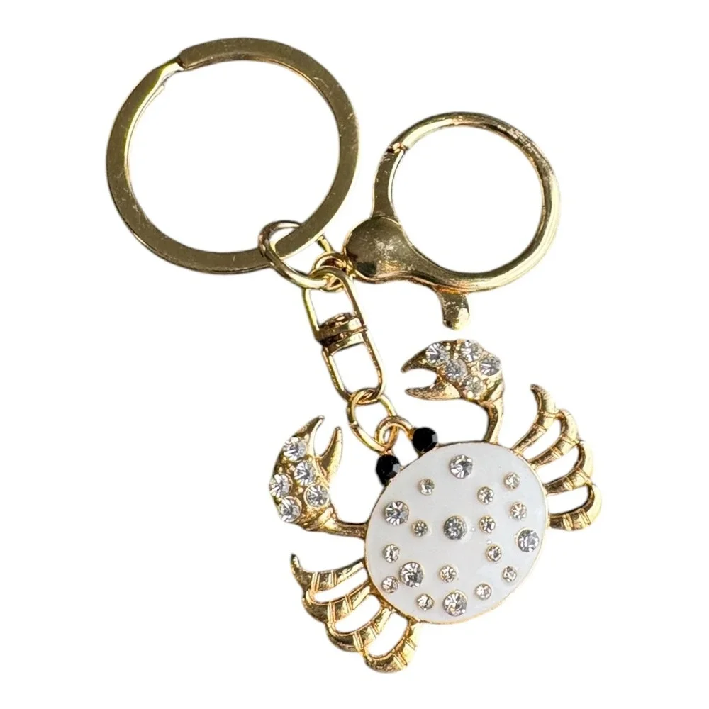 Women's Gold White Clear Rhinestone Crab Charm Key Chain 3